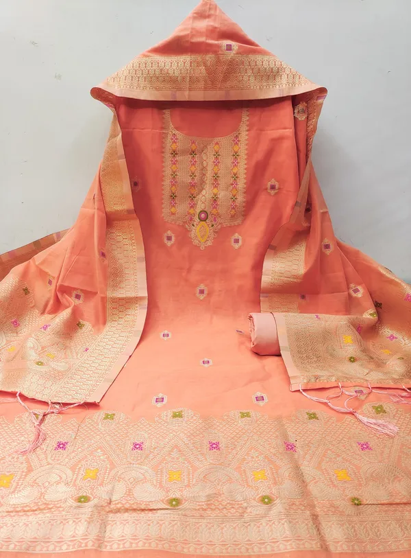 Peach_Chanderi_Banarasi_Cotton_Weaving_Unstitched_Kurta_Set_For_Women
