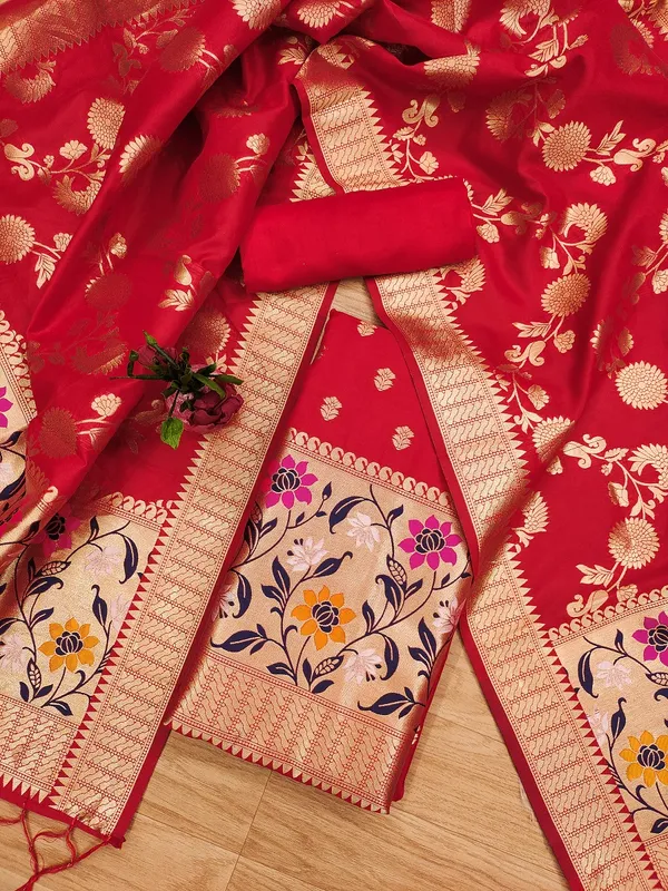 Red_Soft_Litchi_Banarasi_Silk_Weaving_Unstitched_Kurta_Set_For_Women