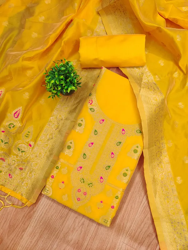 Yellow_Soft_Litchi_Banarasi_Silk_Weaving_Unstitched_Kurta_Set_For_Women