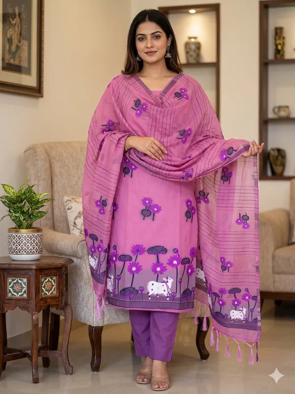 Pink_Muga_Banarasi_Cotton_Weaving_Unstitched_Kurta_Set_For_Women