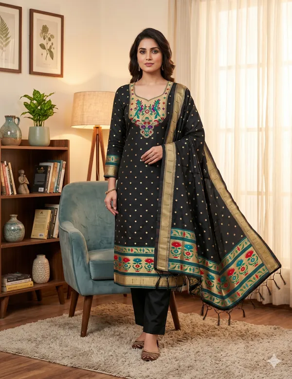 Black_Soft_Litchi_Banarasi_Silk_Weaving_Unstitched_Kurta_Set_For_Women