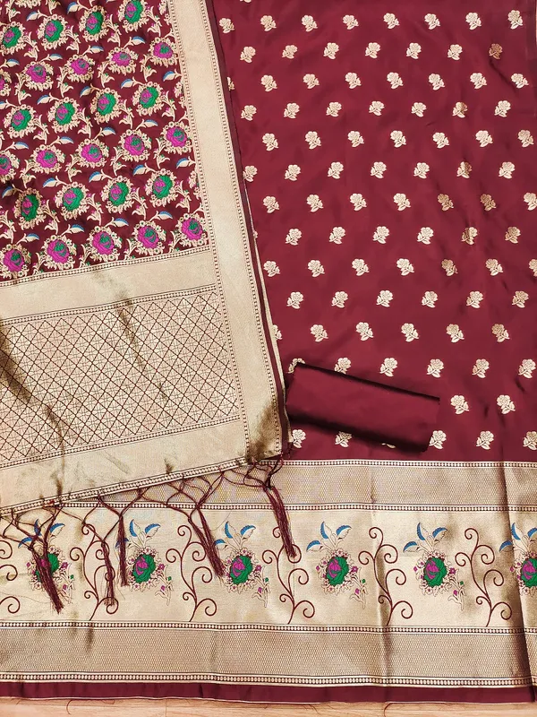 Maroon_Soft_Litchi_Banarasi_Silk_Weaving_Unstitched_Kurta_Set_For_Women