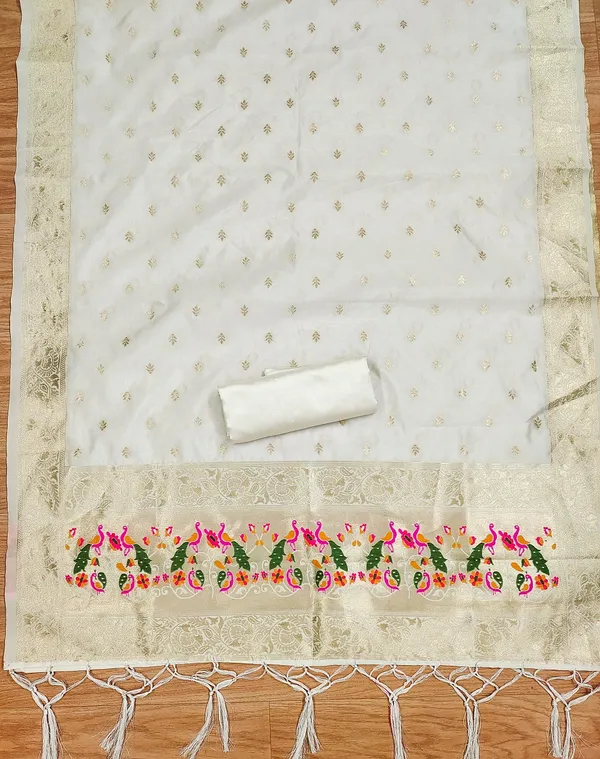 White_Soft_Litchi_Banarasi_Silk_Weaving_Unstitched_Kurta_Set_For_Women