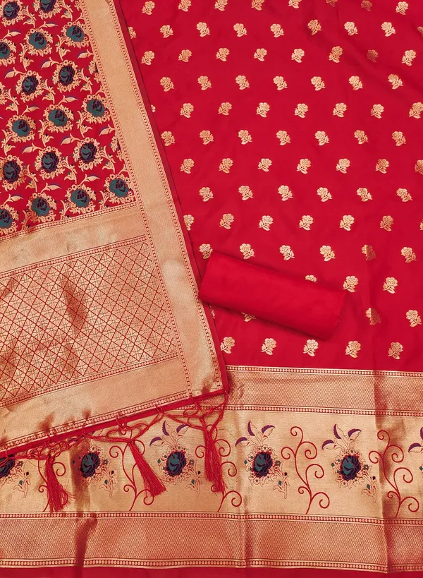 Red_Soft_Litchi_Banarasi_Silk_Weaving_Unstitched_Kurta_Set_For_Women