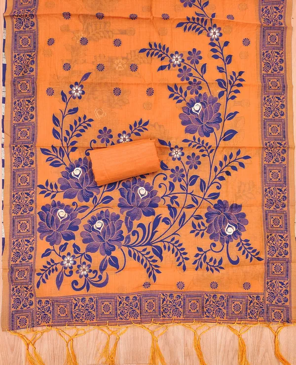 Orange_Jamdani_Banarasi_Cotton_Weaving_Unstitched_Kurta_Set_For_Women