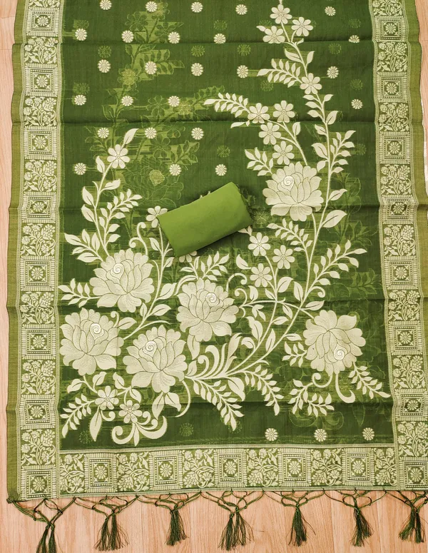 Mehendi_Jamdani_Banarasi_Cotton_Weaving_Unstitched_Kurta_Set_For_Women