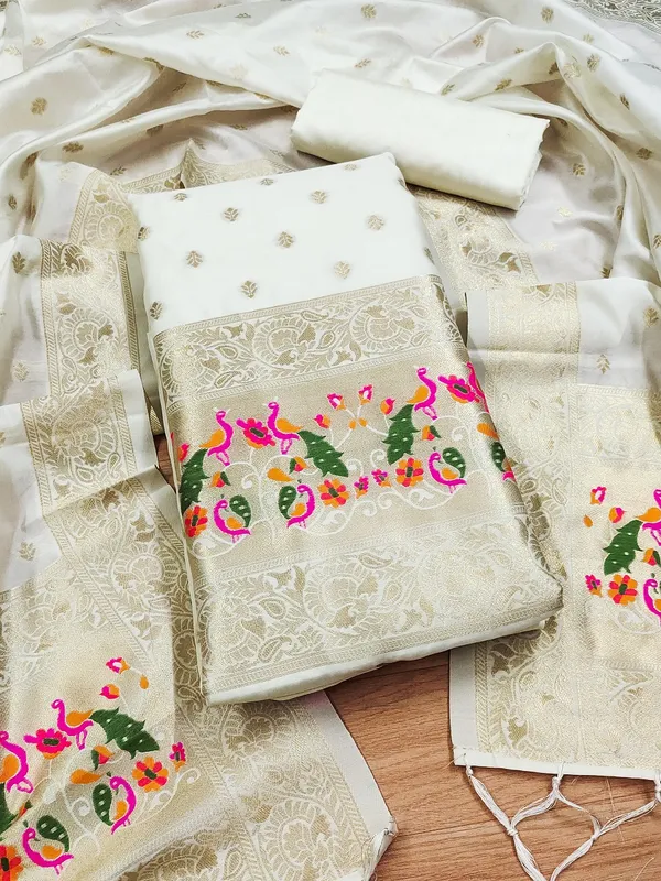 White_Soft_Litchi_Banarasi_Silk_Weaving_Unstitched_Kurta_Set_For_Women