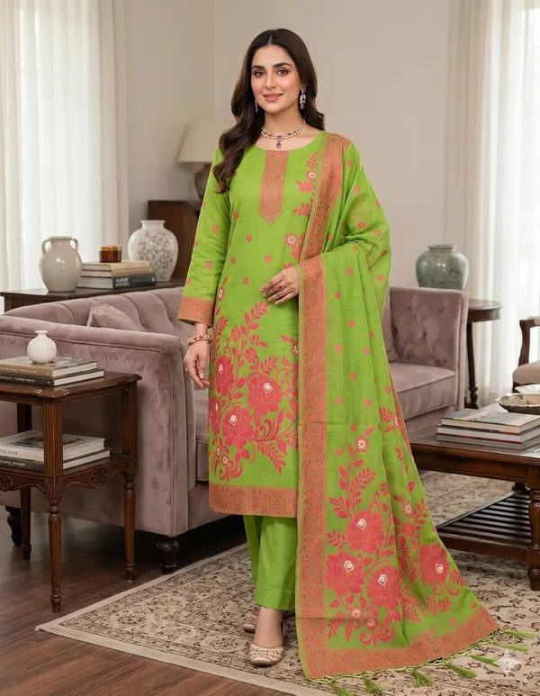 Pista_Jamdani_Banarasi_Cotton_Weaving_Unstitched_Kurta_Set_For_Women