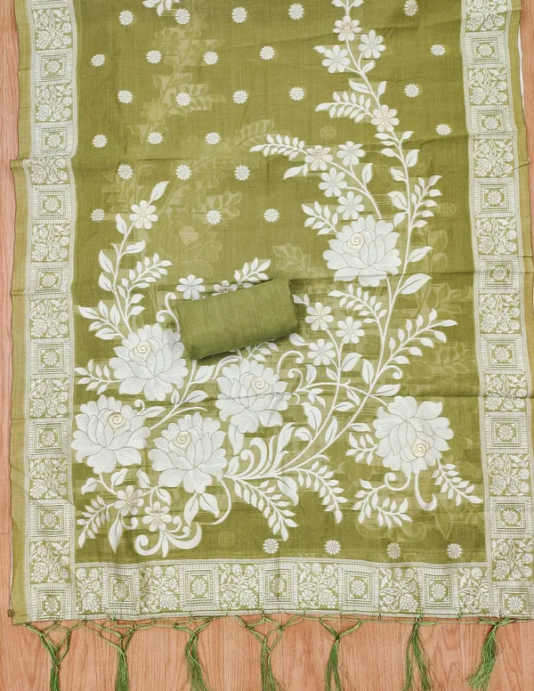 Light_Mehendi_Jamdani_Banarasi_Cotton_Weaving_Unstitched_Kurta_Set_For_Women