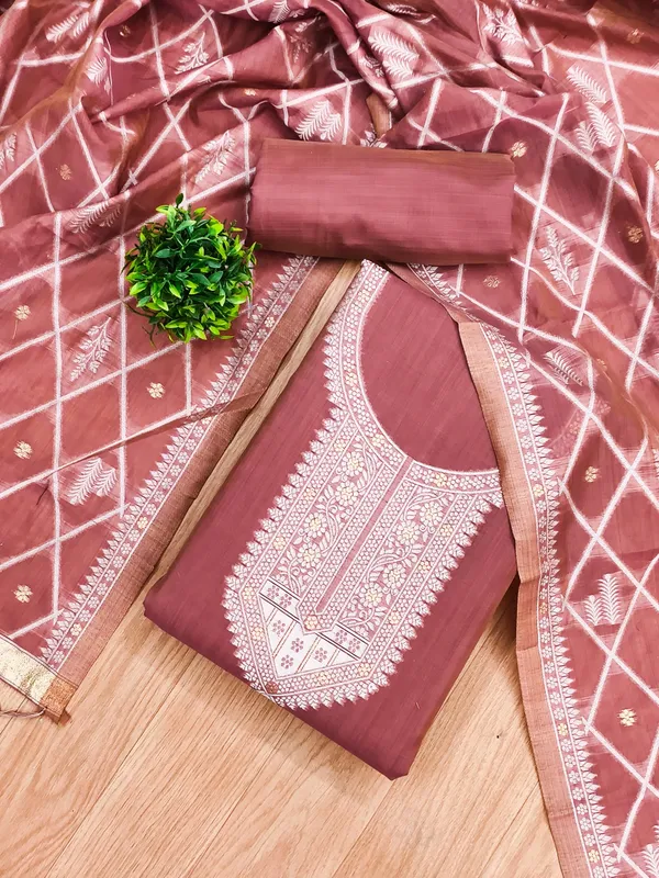 Pink_Jamdani_Banarasi_Cotton_Weaving_Unstitched_Kurta_Set_For_Women
