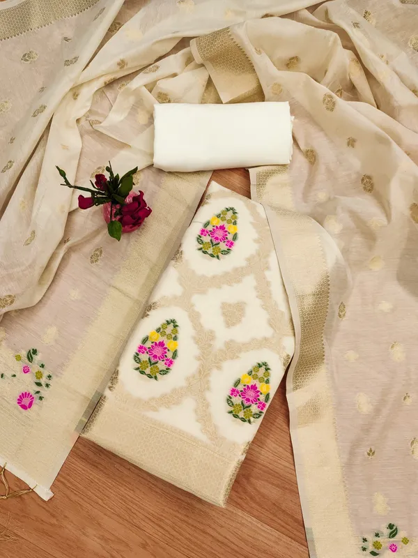 White_Chanderi_Banarasi_Cotton_Weaving_Unstitched_Kurta_Set_For_Women
