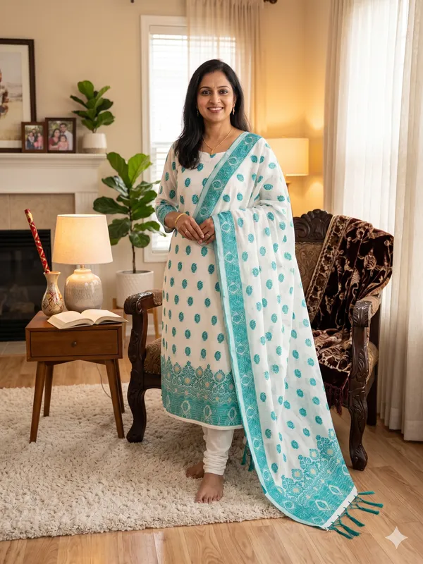 Teal_Handloom_Banarasi_Cotton_Weaving_Unstitched_Kurta_Set_For_Women