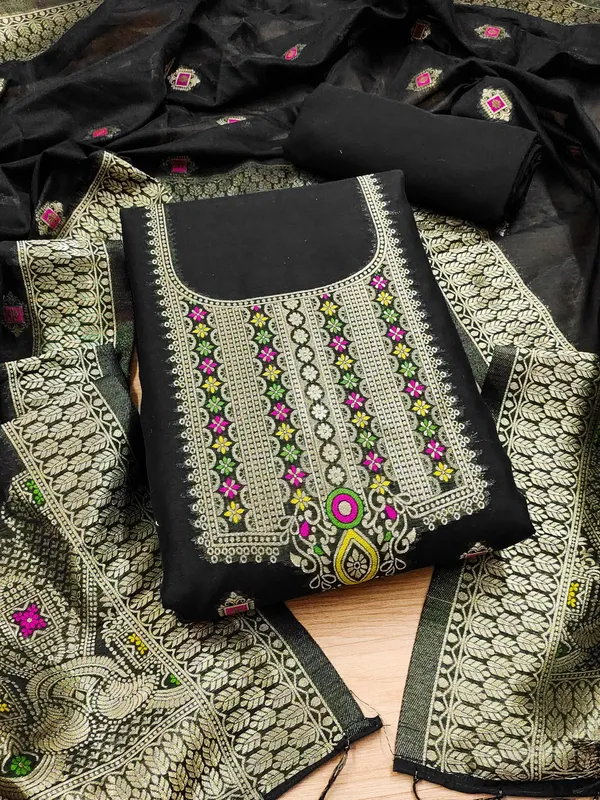 Black_Chanderi_Banarasi_Cotton_Weaving_Unstitched_Kurta_Set_For_Women