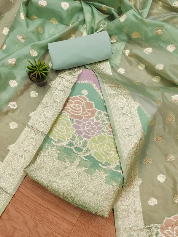 Green_Organza_Banarasi_Silk_Weaving_Unstitched_Kurta_Set_For_Women