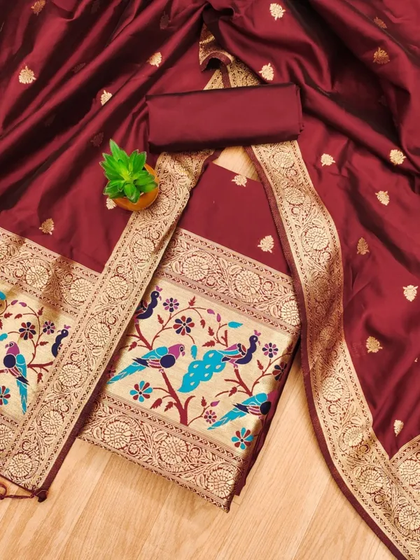 Maroon_Soft_Litchi_Banarasi_Silk_Weaving_Unstitched_Kurta_Set_For_Women