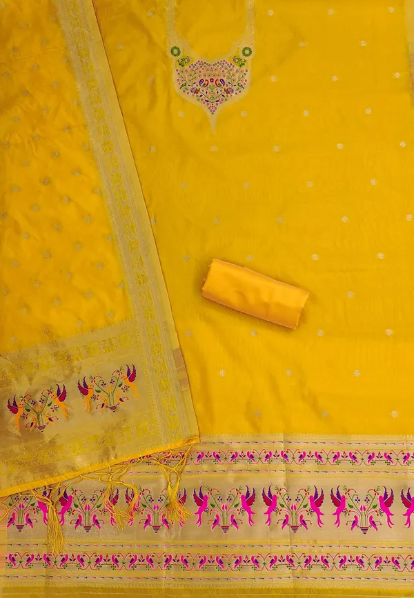 Yellow_Soft_Litchi_Banarasi_Silk_Weaving_Unstitched_Kurta_Set_For_Women