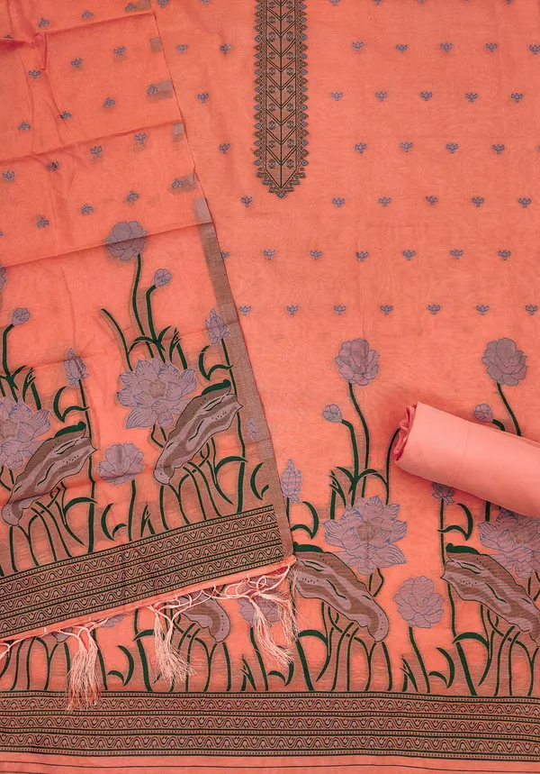 Peach_Muga_Banarasi_Cotton_Weaving_Unstitched_Kurta_Set_For_Women