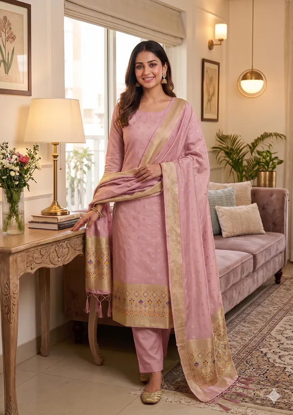 Baby_Pink_Soft_Litchi_Banarasi_Silk_Weaving_Unstitched_Kurta_Set_For_Women