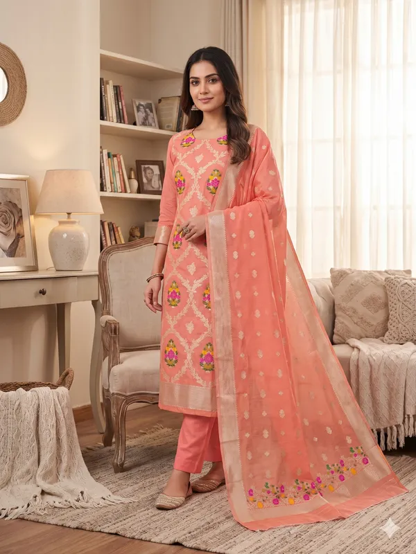 Peach_Chanderi_Banarasi_Cotton_Weaving_Unstitched_Kurta_Set_For_Women