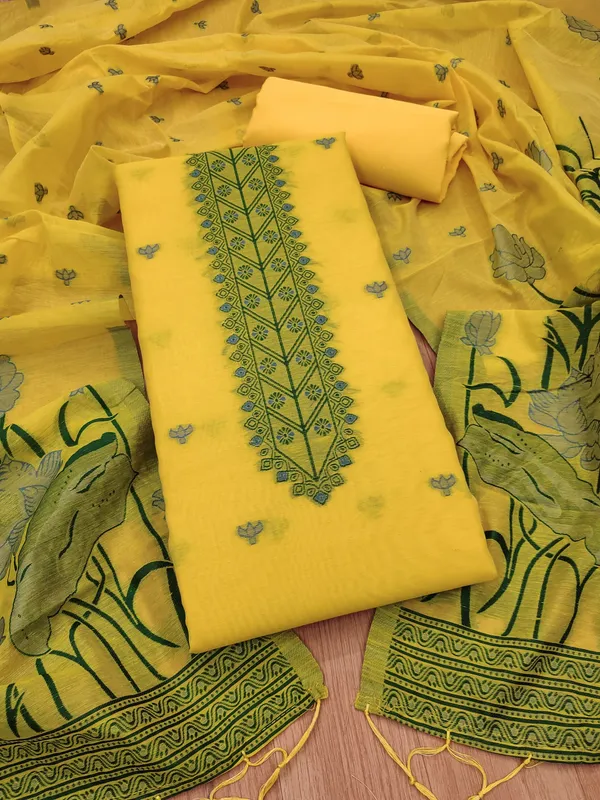 Yellow_Muga_Banarasi_Cotton_Weaving_Unstitched_Kurta_Set_For_Women