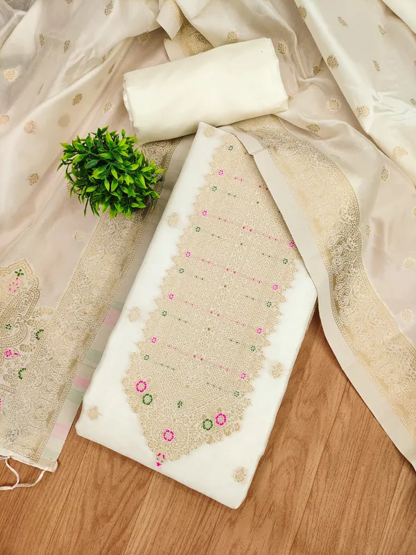 White_Soft_Litchi_Banarasi_Silk_Weaving_Unstitched_Kurta_Set_For_Women