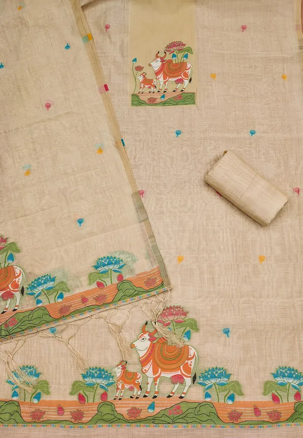 Cream_Jamdani_Banarasi_Cotton_Weaving_Unstitched_Kurta_Set_For_Women