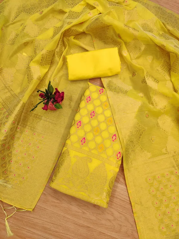 Yellow_Chanderi_Banarasi_Cotton_Weaving_Unstitched_Kurta_Set_For_Women