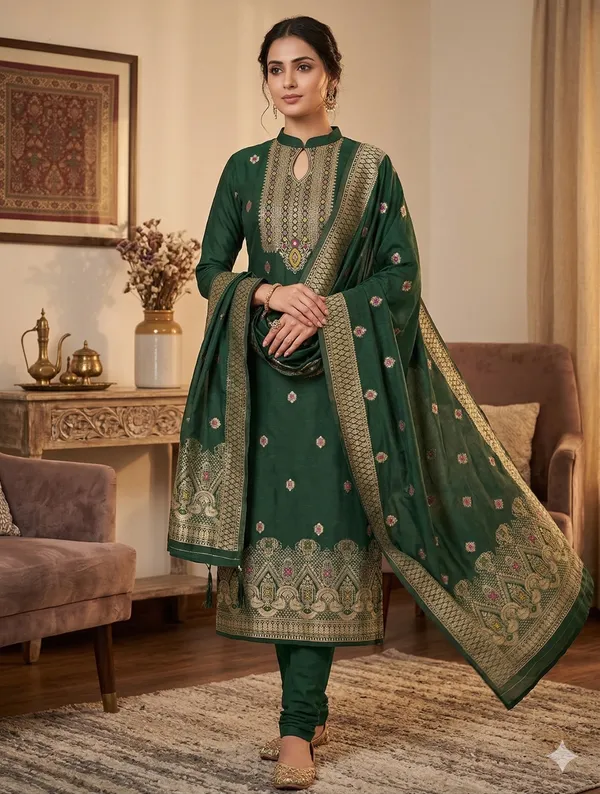 Bottle_Green_Chanderi_Banarasi_Cotton_Weaving_Unstitched_Kurta_Set_For_Women