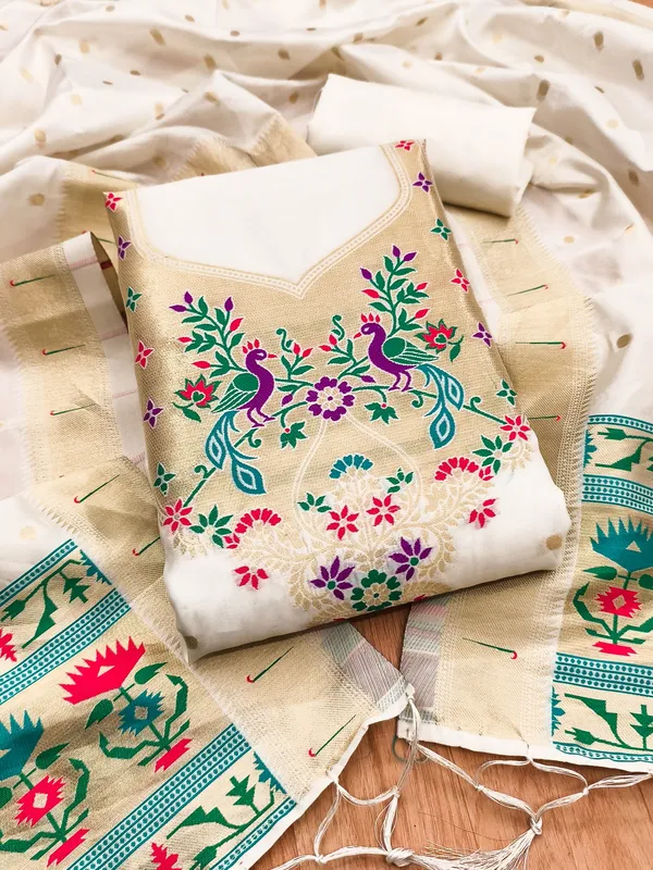 White_Soft_Litchi_Banarasi_Silk_Weaving_Unstitched_Kurta_Set_For_Women