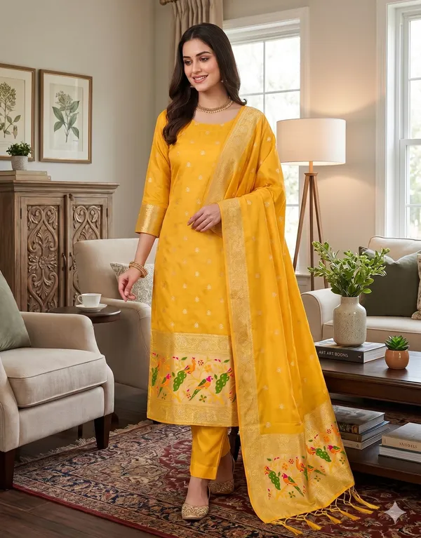 Yellow_Soft_Litchi_Banarasi_Silk_Weaving_Unstitched_Kurta_Set_For_Women