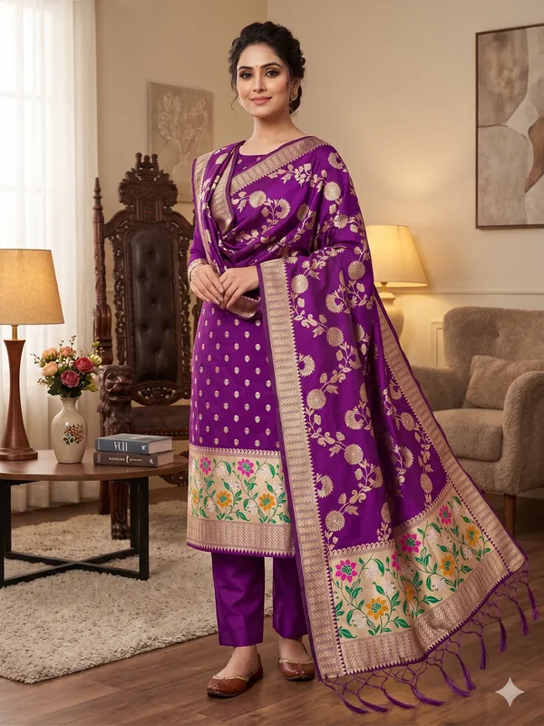 Purple_Soft_Litchi_Banarasi_Silk_Weaving_Unstitched_Kurta_Set_For_Women