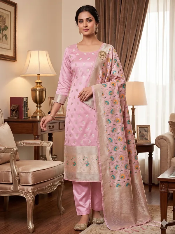 Pink_Soft_Litchi_Banarasi_Silk_Weaving_Unstitched_Kurta_Set_For_Women