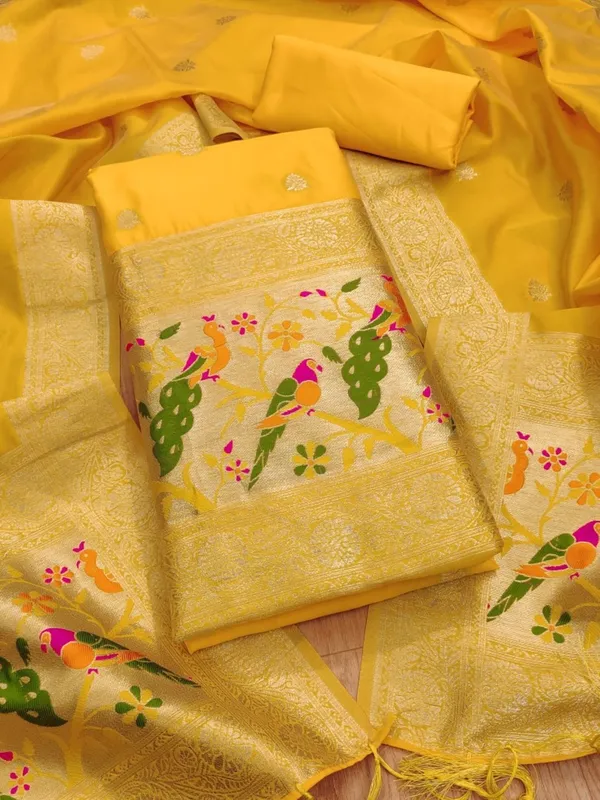 Yellow_Soft_Litchi_Banarasi_Silk_Weaving_Unstitched_Kurta_Set_For_Women