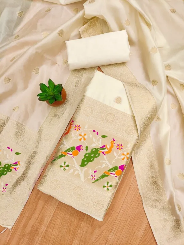 White_Soft_Litchi_Banarasi_Silk_Weaving_Unstitched_Kurta_Set_For_Women