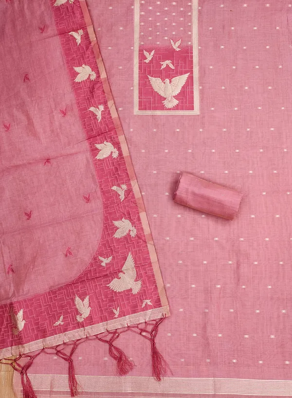 Pink_Jamdani_Banarasi_Cotton_Weaving_Unstitched_Kurta_Set_For_Women