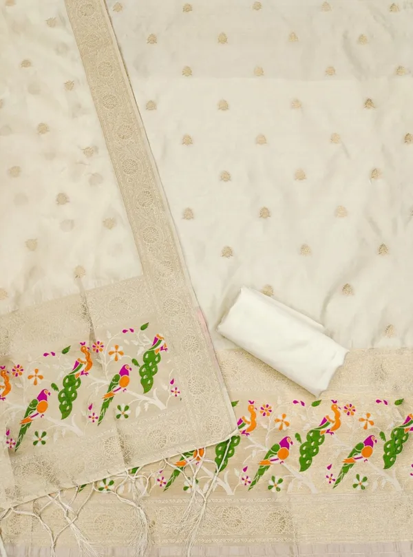 White_Soft_Litchi_Banarasi_Silk_Weaving_Unstitched_Kurta_Set_For_Women