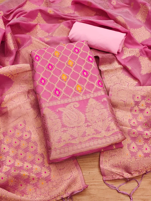 Pink_Chanderi_Banarasi_Cotton_Weaving_Unstitched_Kurta_Set_For_Women