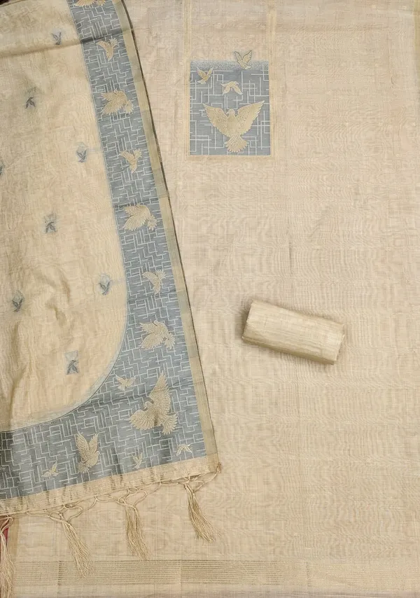 Beige_Jamdani_Banarasi_Cotton_Weaving_Unstitched_Kurta_Set_For_Women