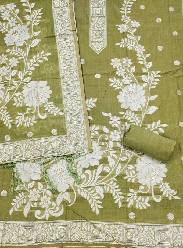Light_Mehendi_Jamdani_Banarasi_Cotton_Weaving_Unstitched_Kurta_Set_For_Women