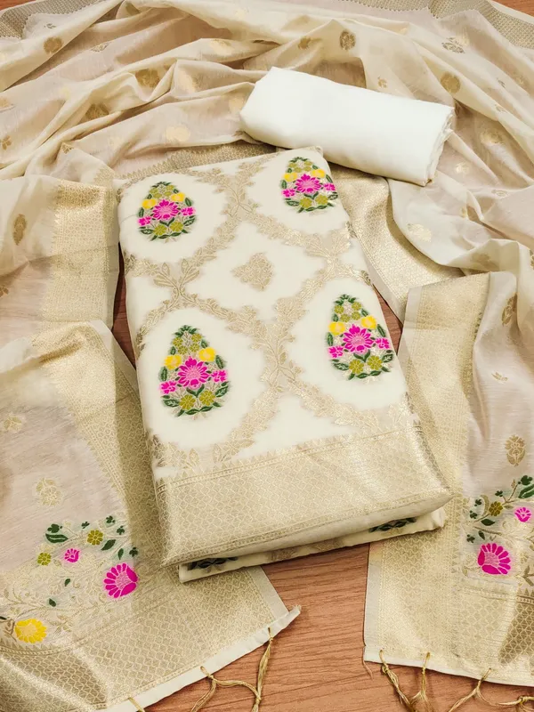 White_Chanderi_Banarasi_Cotton_Weaving_Unstitched_Kurta_Set_For_Women