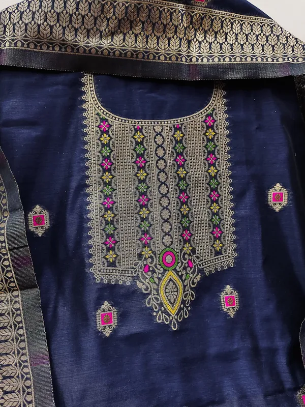 Navy_Blue_Chanderi_Banarasi_Cotton_Weaving_Unstitched_Kurta_Set_For_Women