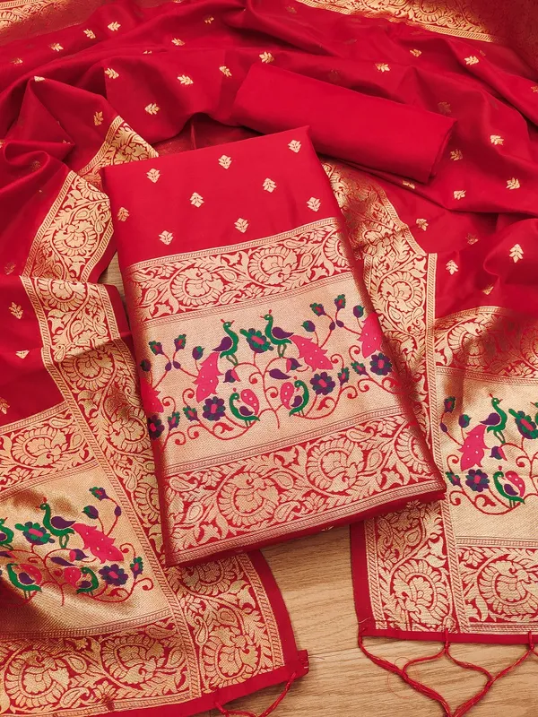 Red_Soft_Litchi_Banarasi_Silk_Weaving_Unstitched_Kurta_Set_For_Women