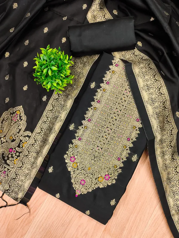 Black_Soft_Litchi_Banarasi_Silk_Weaving_Unstitched_Kurta_Set_For_Women