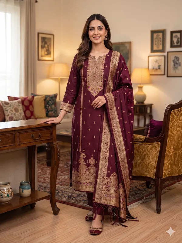 Maroon_Soft_Litchi_Banarasi_Silk_Weaving_Unstitched_Kurta_Set_For_Women
