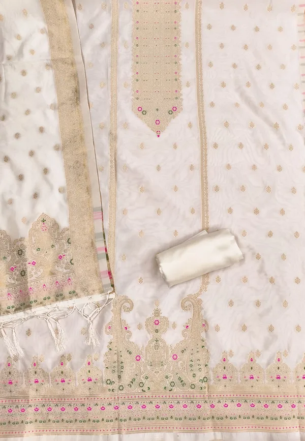 White_Soft_Litchi_Banarasi_Silk_Weaving_Unstitched_Kurta_Set_For_Women