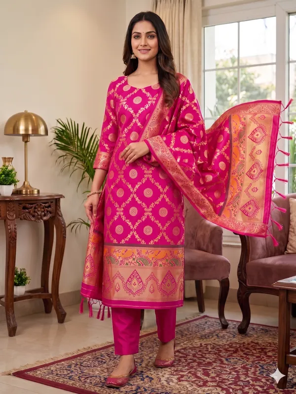 Pink_Soft_Litchi_Banarasi_Silk_Weaving_Unstitched_Kurta_Set_For_Women