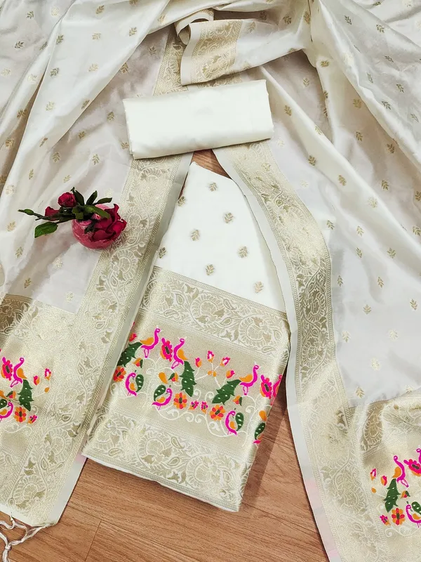 White_Soft_Litchi_Banarasi_Silk_Weaving_Unstitched_Kurta_Set_For_Women