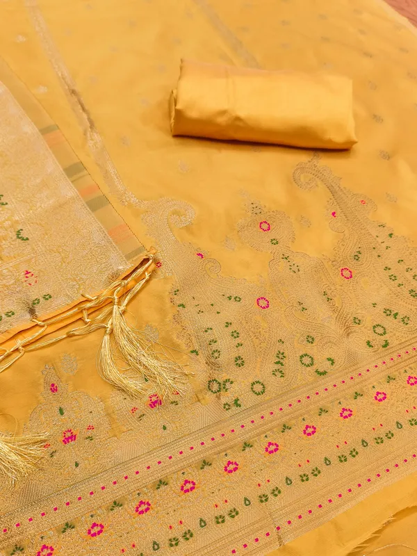 Yellow_Soft_Litchi_Banarasi_Silk_Weaving_Unstitched_Kurta_Set_For_Women