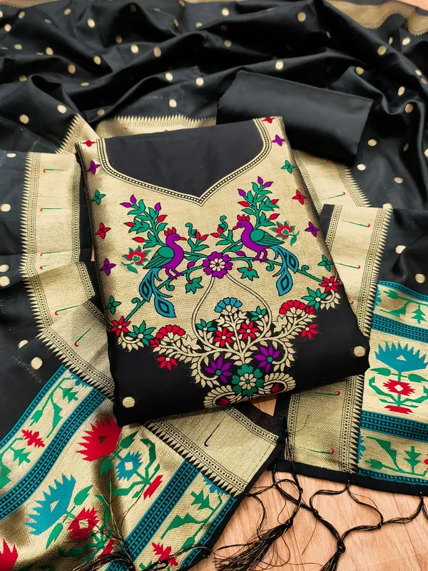Black_Soft_Litchi_Banarasi_Silk_Weaving_Unstitched_Kurta_Set_For_Women