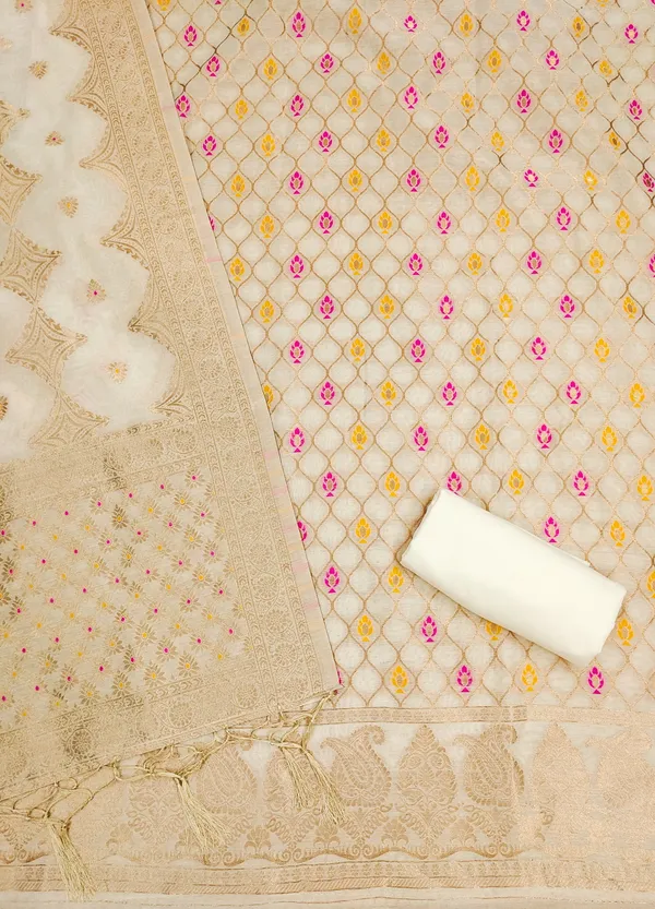 White_Chanderi_Banarasi_Cotton_Weaving_Unstitched_Kurta_Set_For_Women